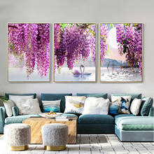 Cuadro de paisaje escandinavo para decoración de sala de estar, lienzo de pared con árbol, flor púrpura, Cisne, lago, naturaleza, arte impreso 2024 - compra barato