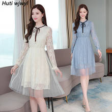 2022 Vintage Casual Solid Mesh Long Sleeve Dresses Autumn Winter Blue Lace Sexy Midi Dress Elegant Women Bodycon Party Vestidos 2024 - buy cheap