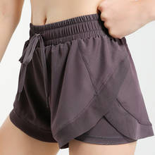 Shorts de yoga feminino de duas peças, falso, malha, solto, camada dupla, para corrida, esportes, fitness, treinamento, com bolso 2024 - compre barato