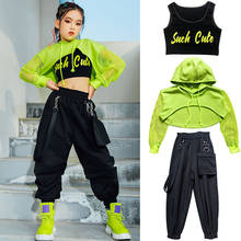 Jazz Costume Hip Hop Girls Clothing Green Tops Net Sleeve Black Hip Hop Pants For Kids Performance Modern Dancing Clothes BL5311 2024 - buy cheap