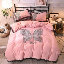 new 100% Washed cotton Bedding Sets Duvet Cover flat/fitted sheet Queen King Size Thicken butterfly embroidery lace 4pcs 2024 - buy cheap