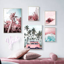 Картина на стену с изображением розовых автобусов, морской пальмы, кактуса, раковины, скандинавские постеры и принты, настенная живопись на холсте, декор для гостиной 2024 - купить недорого