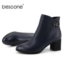 BESCONE Fashion Ladies Boots High Quality Genuine Leather Handmade Round Toe Shoes Winter Zipper Square Heel Women Boots BC375