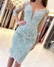 Vestido de noche azul claro de media manga con cuello de pico, apliques de encaje para celebridades, moda corta de sirena, boda, graduación, vestidos de invitados de fiesta 2024 - compra barato