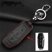 Jingyuqin capa de couro para chave inteligente, capinha de telefone remoto com botão 3, para ford fiesta focus 3, 4, mk3, mk4, mondeo, ecosport, kuga, focus, st 2024 - compre barato