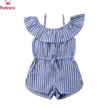 Crianças crianças da criança roupas do bebê meninas listrado fora do ombro macacão bolso babados macacão sunsuit outfit 1-6y 2024 - compre barato