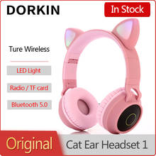 Dorkin gato orelha fone de ouvido sem fio bluetooth 5.0 led luz alta fidelidade música estéreo baixo crianças menina fones apoio tf cartão/fm rádio/aux 2024 - compre barato