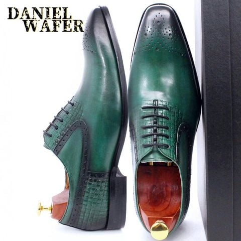 Luxury Men Oxford Shoes Fashion Prints Green Black Genuine Leather Lace Up Men Dress Shoes Wedding Office Business Formal Shoes 2022 - купить недорого