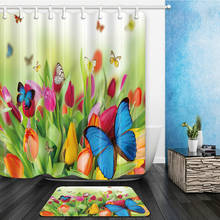 Tulipa flor borboleta chuveiro cortinas definir primavera floral planta decoração do banheiro casa banheira pendurar cortina e flanela tapete 2024 - compre barato