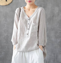 Blusas listradas verticais de outono, blusas femininas soltas de algodão e linho com botão e bolso em v de outono 2021 2024 - compre barato