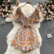 French Floral Rompers Women Deep V Neck Puff Sleeve Elegant Office Jumpsuit Summer Casual Vacation Wide Leg Short Jumpsuit 2024 - buy cheap