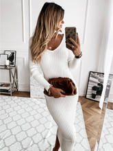 Autumn Winter Long Sleeve Ribbed Midi Dress Women Long Sleeve Bodycon Pencil Dress Elegant Ladies Solid Color Backless Dress 2024 - buy cheap