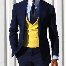 New Navy Blue Men Suits Yellow Double Breasted Vest Slim Fit Formal Business Blazer Groom Wedding Suits For Men 3 Pieces 2024 - buy cheap