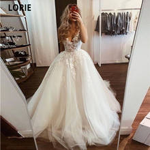 Lorie 2021 novos vestidos de casamento com decote em v sem mangas praia vestidos de noiva inchado tule rendas apliques até o chão vestido de festa princesa 2024 - compre barato