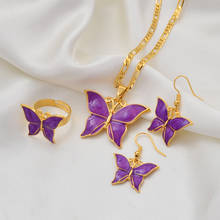 Anniyo Purple Butterfly Jewelry Sets Pendant Chain Neckalces Earrings Ring for Women Girls African Party Gifts 2024 - buy cheap