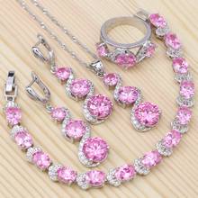 Bridal Jewelry Sets For Women Pink Cubic Zirconia White Crystal 925 Silver Ring Bracelet Necklace Pendant Earrings Sets 2024 - buy cheap
