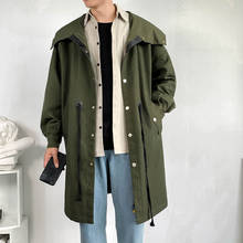 Novo outono longo trenchcoat moda masculina preto branco com capuz botão bolso trench coat streetwear juventude roupas 2024 - compre barato