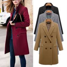 Большие размеры, осенне-зимнее шерстяное пальто, женское двубортное пальто с отворотом, однотонное тонкое шерстяное пальто, верхняя одежда 2024 - купить недорого