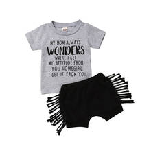 Летняя одежда для малышей От 6 месяцев до 3 лет, модная футболка с буквенным принтом для маленьких девочек топы + короткие штаны с кисточками комплект из 2 предметов 2024 - купить недорого