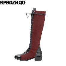 Botas robustas sensuais retrô, calçados com dedo quadrado alto elástico de 10 joelhos para inverno, tamanho grande, vinho vermelho, sapatos de marca de luxo para mulheres, alto, vintage, longo 2024 - compre barato