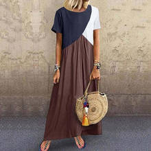 Summer New Patchwork Color Short Sleeve Maxi Dress Women Casual Loose O-Neck Robe Long Vestidos Holiday Streetwear Female 2024 - buy cheap