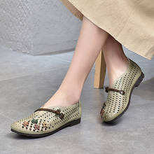 Sapatos femininos de couro legítimo, calçado estilo étnico artesanal de salto plano vazado, sandálias de couro de vaca, primavera e verão, 2021 2024 - compre barato