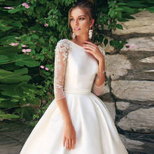 O-neck 3/4 Sleeves Beading Applique Satin A-line Wedding Dress with Pleat Belt Sweep Train Lace-up High Quality Bridal Dress 2024 - buy cheap