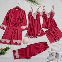 Conjunto de Pijama de seda para Mujer, ropa de dormir de satén de encaje, Sexy, de invierno, 5 piezas 2024 - compra barato