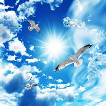 Пользовательские большие потолочные Настенные самоклеящиеся обои Zenith 3D стерео синее небо белые облака голубь природный пейзаж фото водонепроницаемые 2024 - купить недорого