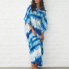 Blue Beach Dress Print Tunic Women Cover Up Sarong Women Summer Long Sleeve Swimsuit Chiffon Cover Beachwear Bathing Suit 2024 - buy cheap