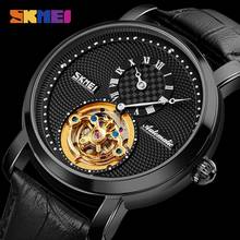 SKMEI-relojes mecánicos elegantes para hombre, correa de cuero, esfera redonda hueca, reloj de pulsera automático, 9240 2024 - compra barato