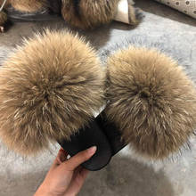 Bing Fur Slippers Women Plush Fashion Slides Real Raccoon Fur Flip Flops 2021 New Trendy Open Toe Sandals 2024 - buy cheap