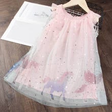 Платье детское летнее с единорогом и цветочным принтом, без рукавов 2024 - купить недорого