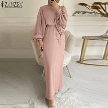 ZANZEA Autumn Muslim Elegant O Neck Ankle Length Evening Robe Vintage Lace-up Maxi Solid Women Full Sleeve Elegant Casual Dress 2024 - buy cheap