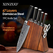 XINZUO-Juego de cuchillos de cocina profesionales de acero de Damasco, soporte de madera de Acacia, regalo de Chef, herramienta de rebanar Santoku, 7 Uds. 2024 - compra barato