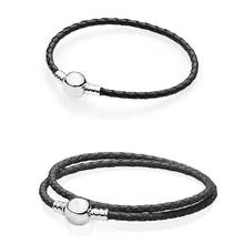 Baofu-pulsera de plata esterlina 925 para mujer, brazalete redondo de cuero negro, adecuado para mujeres, joyería DIY 2024 - compra barato