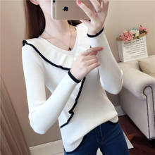 #6305 Black/White/Pink/Red Knitwear Women Sweaters And Pullovers V Neck Spliced Ruffles Sexy Basic Knitted Sweater Top Sexy Tide 2024 - buy cheap