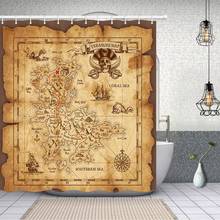Island Vintage Old Map Pirate Ship Bath Curtain Ocean Ancient Pirate Treasure Map Shower Curtains Fantastic Decorations