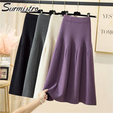 SURMIITRO 2021 Fashion Autumn Winter Warm Knitted Midi Long Pleated Skirt Women Korean Style Mid-Length High Waist Skirt Female 2024 - купить недорого
