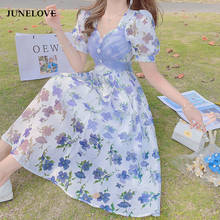 JuneLove Summer Elegant Floral Dress Women Korean Sweet Vintage V-neck Revolve Dress Casual Puff Sleeve Outdoor Beach Dress 2021 2024 - buy cheap