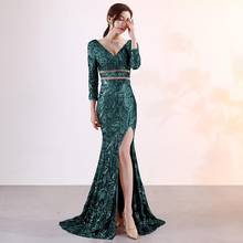Beauty-Emily Green V Neck Evening Dresses Long Sleeve Sequins Appliques Formal Dress Split Sexy Hollow Party Gowns Crystal Dress 2024 - buy cheap