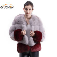 QIUCHEN PJ1818 2019 NEW Arrival women thick fluffy real fox fur coat  Color Blocking wholesale can chose any two color make 2024 - buy cheap