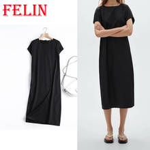 FELIN-vestido negro liso de algodón para Mujer, prenda cómoda de manga corta y cuello redondo, elegante, para verano, 2021 2024 - compra barato