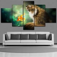 Canvas Print Modular Picture Decor Framework 5 Piece Animal Cat And Goldfish Painting Home Decor Wall Art Poster 2024 - buy cheap