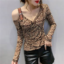 Camiseta básica de algodón con cuello en V profundo para mujer, Camisa ajustada de manga larga con estampado de leopardo, negro, rojo y amarillo, #5707 2024 - compra barato