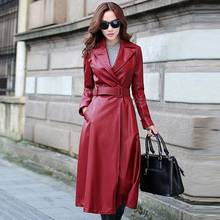Women 2019 Autumn Winter Leather Jacket Faux PU Leather Long Coat Soft Casual Slim Trench Female Plus Velvet Sashes Outwear T104 2024 - buy cheap