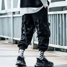 Calças fitas para hip hop cargo soldado masculina, calças estilo hip hop com cintura elástica e preta para corrida, calças casuais para homens 2024 - compre barato