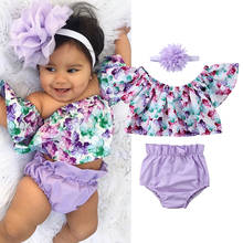 Conjunto de ropa para niña recién nacida, Tops florales con hombros descubiertos, pantalones cortos, diadema, conjunto de 0 a 24 meses 2024 - compra barato