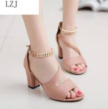2020 fashion sexy fish mouth hollow Roman sandals thick with beaded high heels female summer Sexy female sandals 2024 - buy cheap