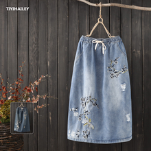 TIYIHAILEY Free Shipping 2020 Cotton Denim Long Mid-calf Skirts For Women Summer Elastic Waist A-line Embroidery Skirt Blue L-XL 2024 - buy cheap